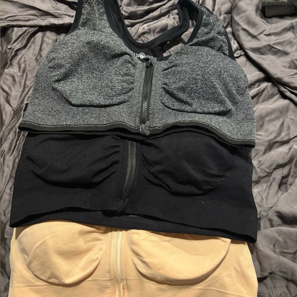 Gray, Black, and Beige Zip-Up Sports Bras